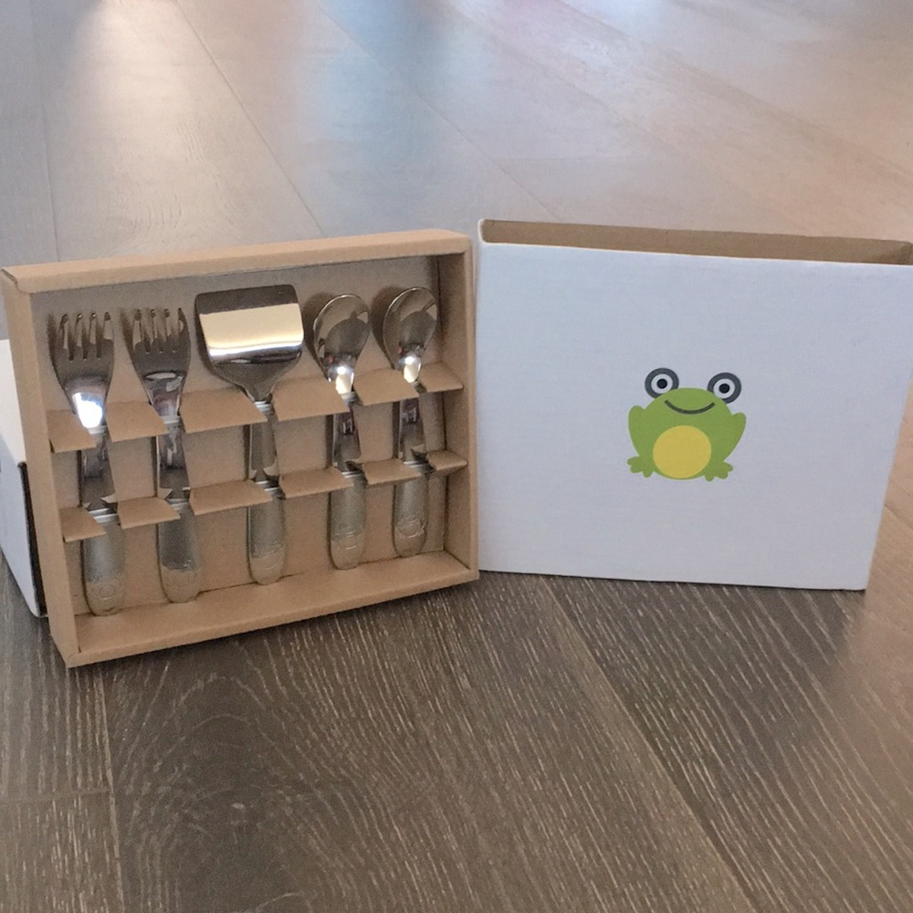 New without Box! 5pc Kiddobloom Baby Stainless Steel Utensil Set. Frog series.